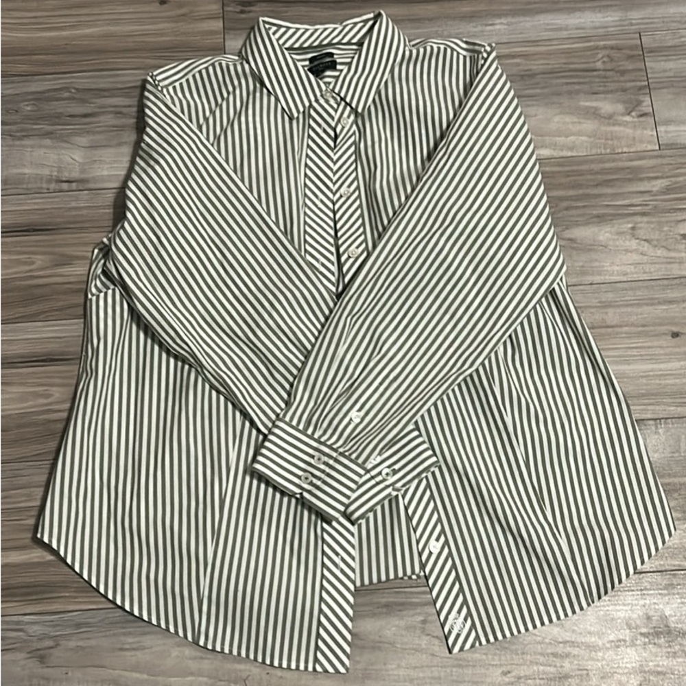 Talbots Plus Striped Button-Down in Olive & White… - image 1